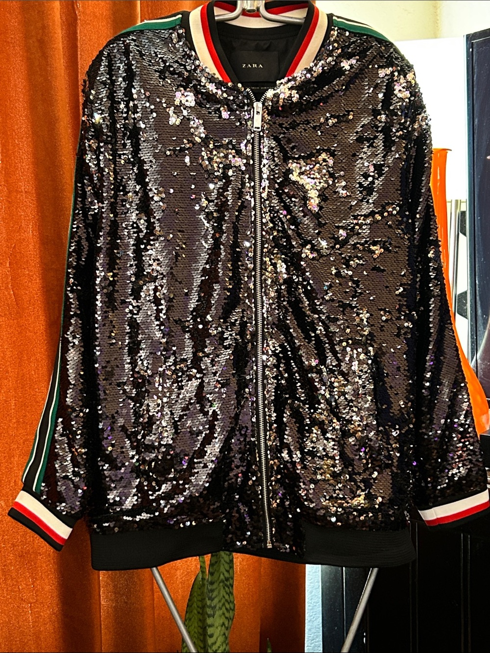 Zara Black Sequin Bomber Jacket with Red White Green Trim